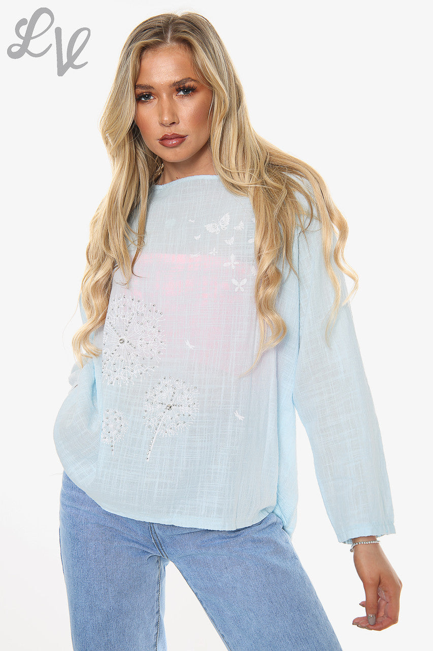 Dames Paardebloem Top Lange Mouwen Lichtblauw Eenheidsprijs € 10,99