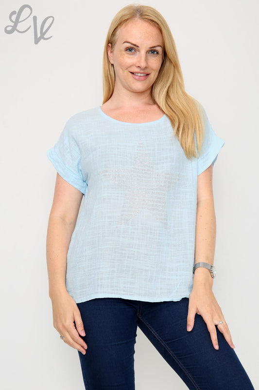 Ladies Sequin Star Shape Top Light Blue - Unit Price £7.99
