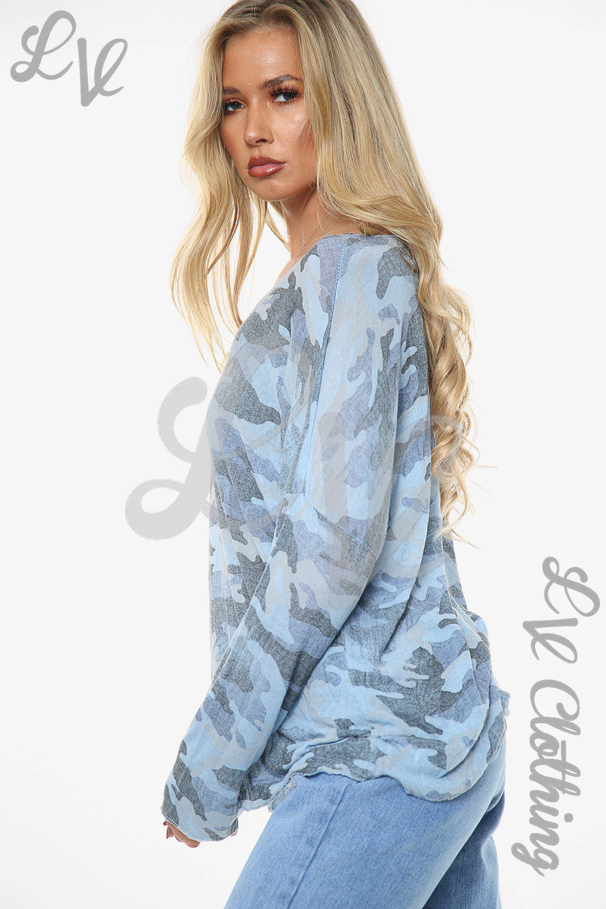 Dames Camo Print Top Lichtblauw Stukprijs €8.99