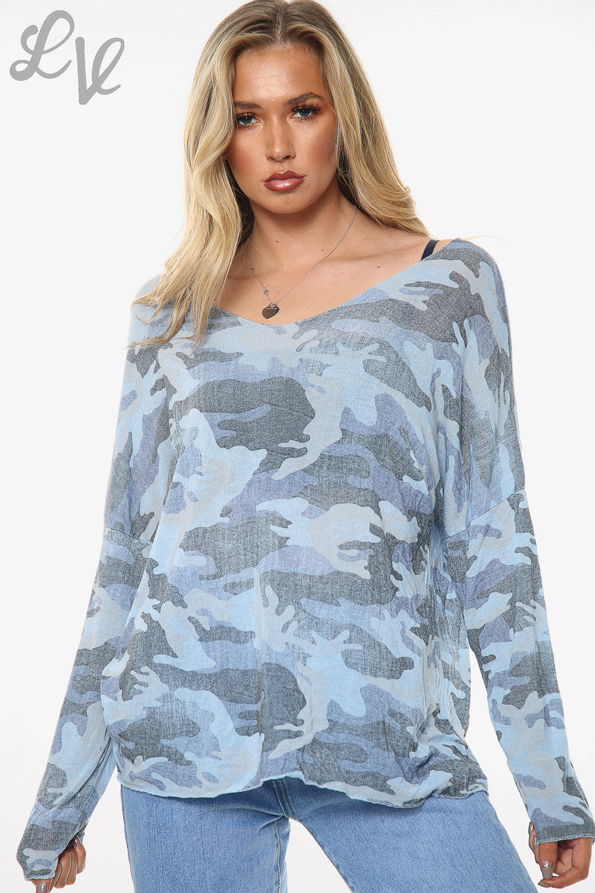 Dames Camo Print Top Lichtblauw Stukprijs €8.99