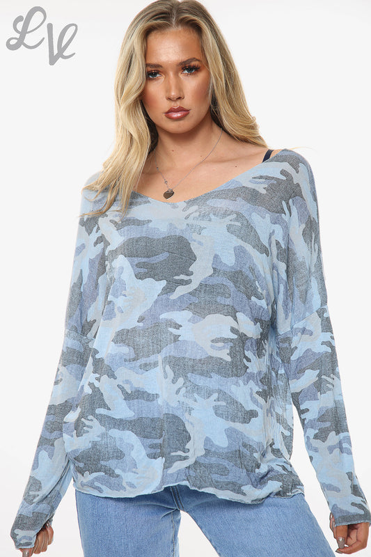 Ladies Camo Print Top Light Blue Unit Price £8.99