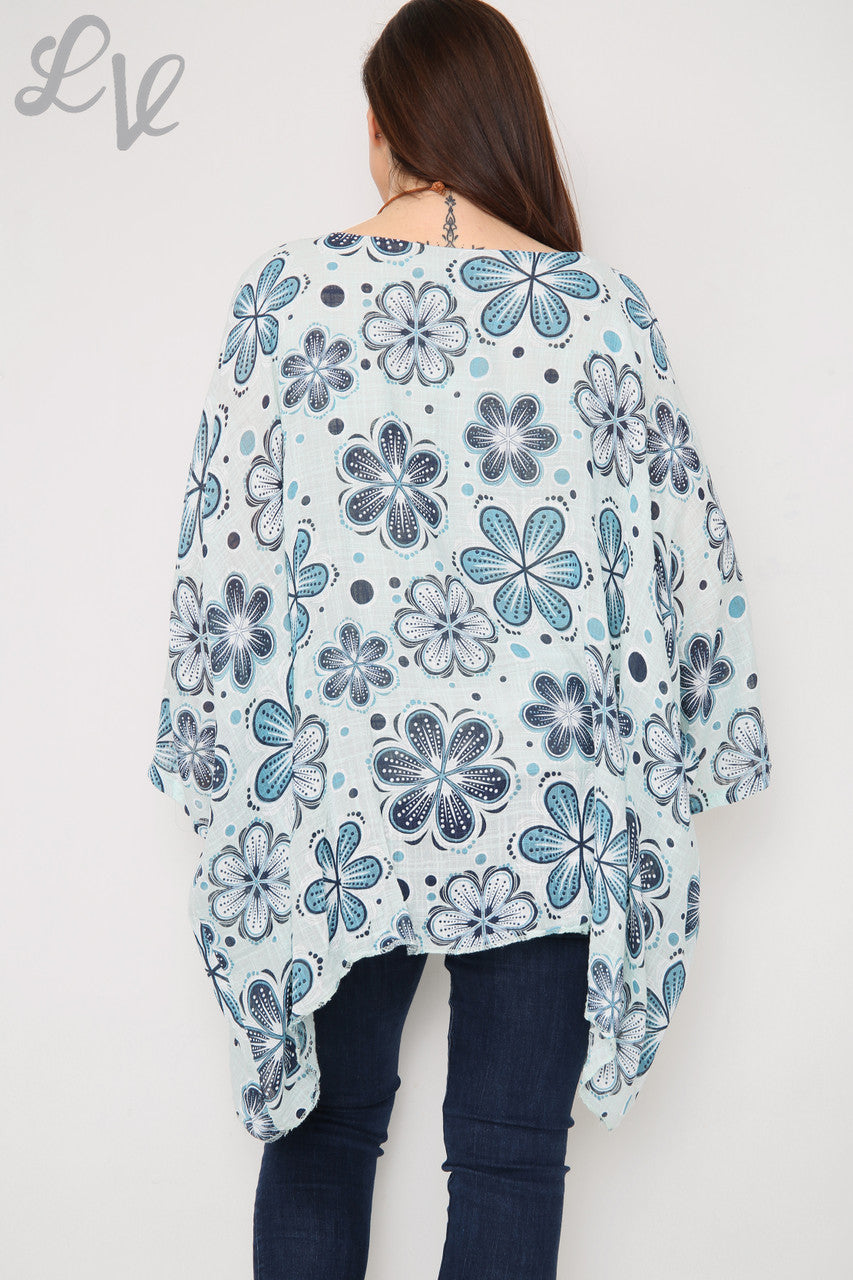 Dames Top met Vlermuismouw en Bloemenprint Lichtblauw