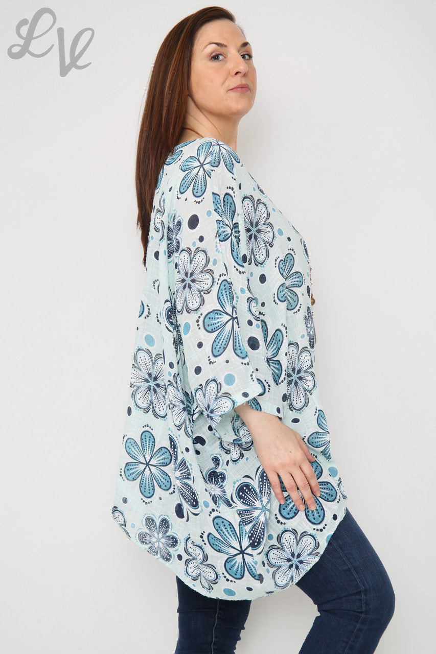 Dames Top met Vlermuismouw en Bloemenprint Lichtblauw