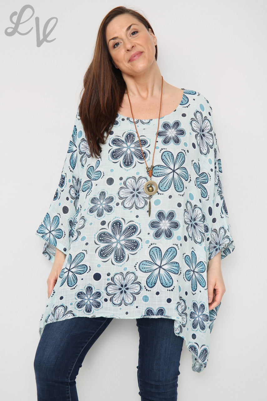 Dames Top met Vlermuismouw en Bloemenprint Lichtblauw