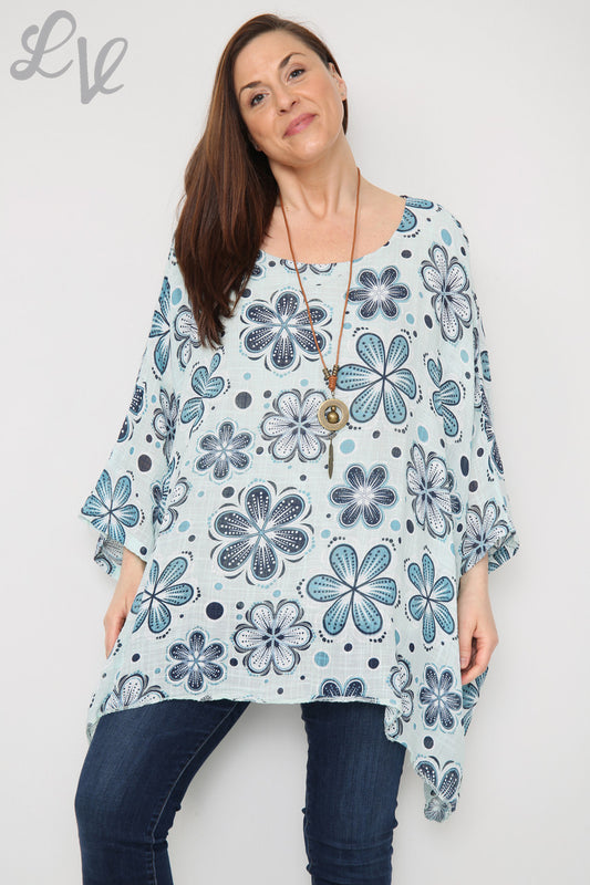 Ladies Flowers Print Batwing Top Light Blue