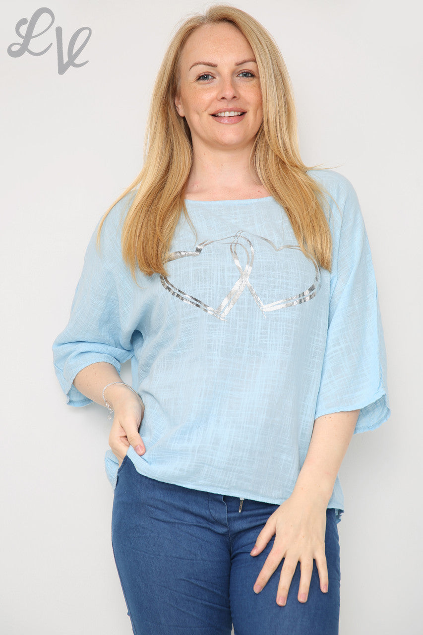 Dames Top met Dubbele Folie Hart Lichtblauw Stukprijs €7,99
