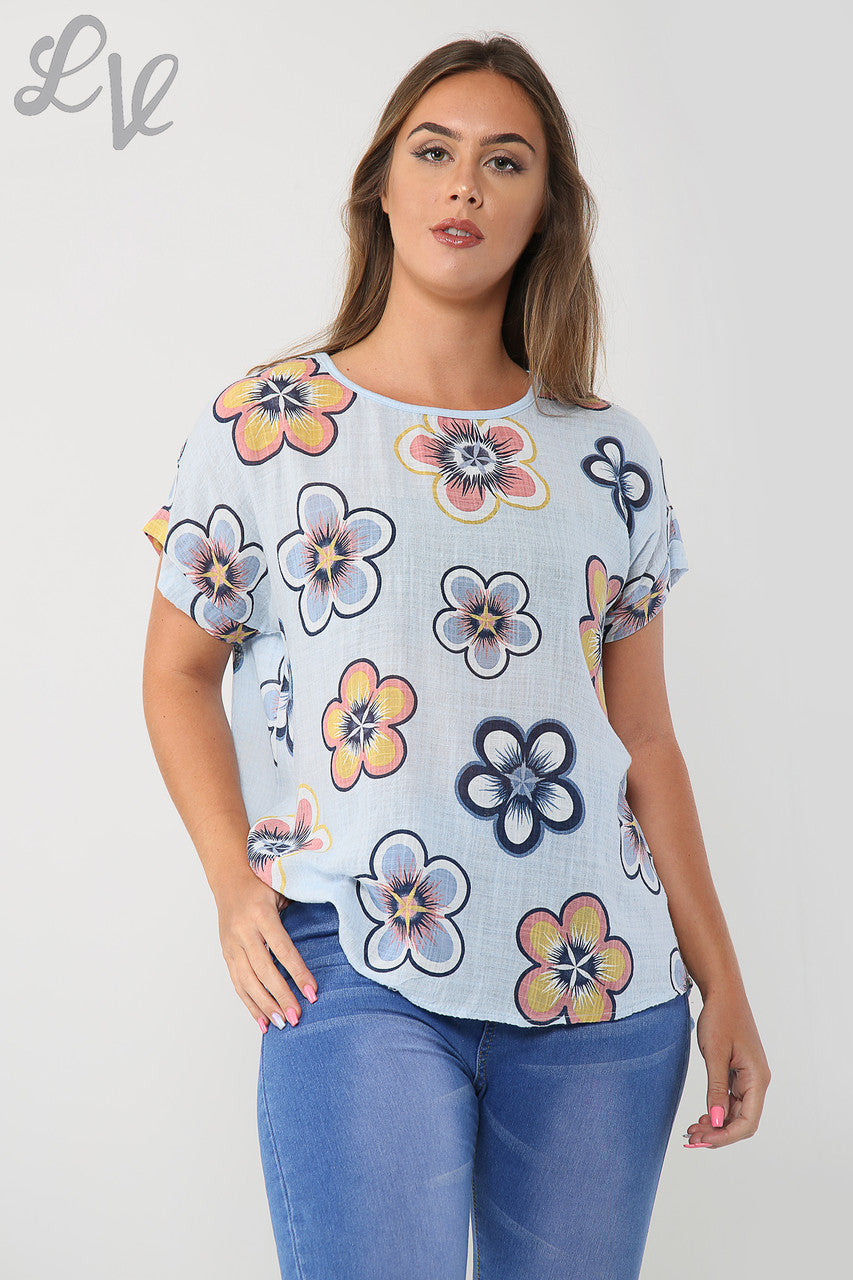 Dames top met zonnebloemprint lichtblauw eenheidsprijs £9,99