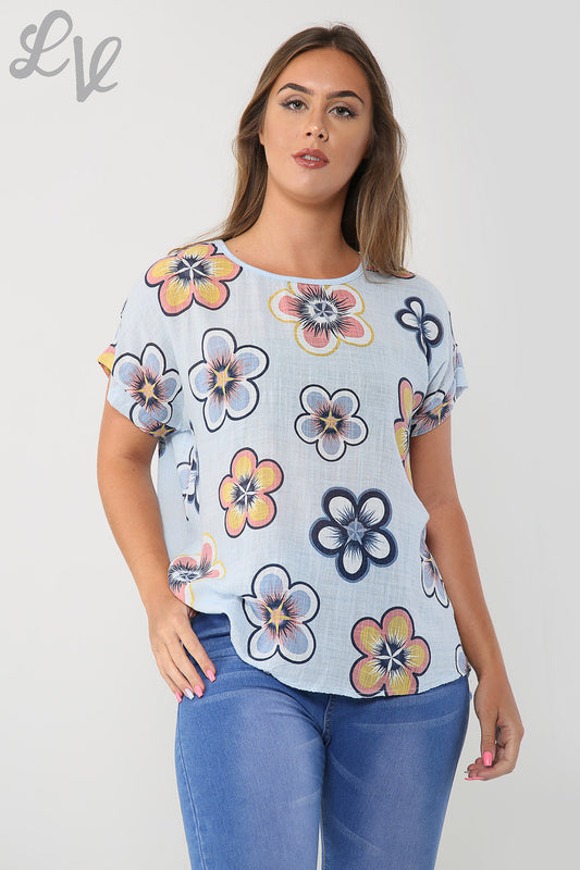 Ladies Sun Flower Print Top Light Blue Unit Price £9.99