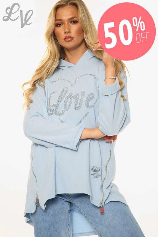 Ladies Dimante Love Heart Hooded Top Light Blue Unit Price WAS £14.99 NOW £7.49