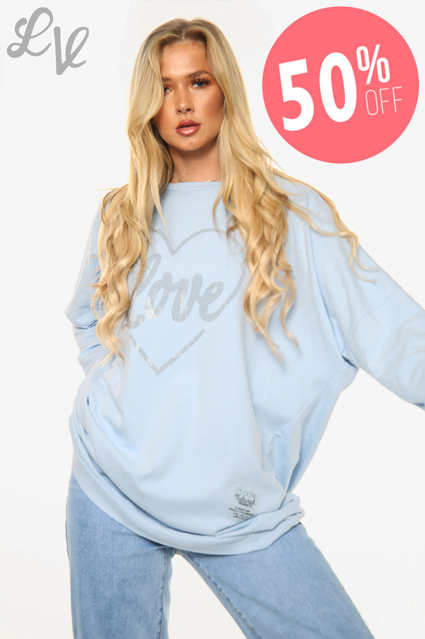 Dames Dimante Liefdeshart Sweatshirt Top Lichtblauw Stukprijs WAS €13,99 NU €6,99