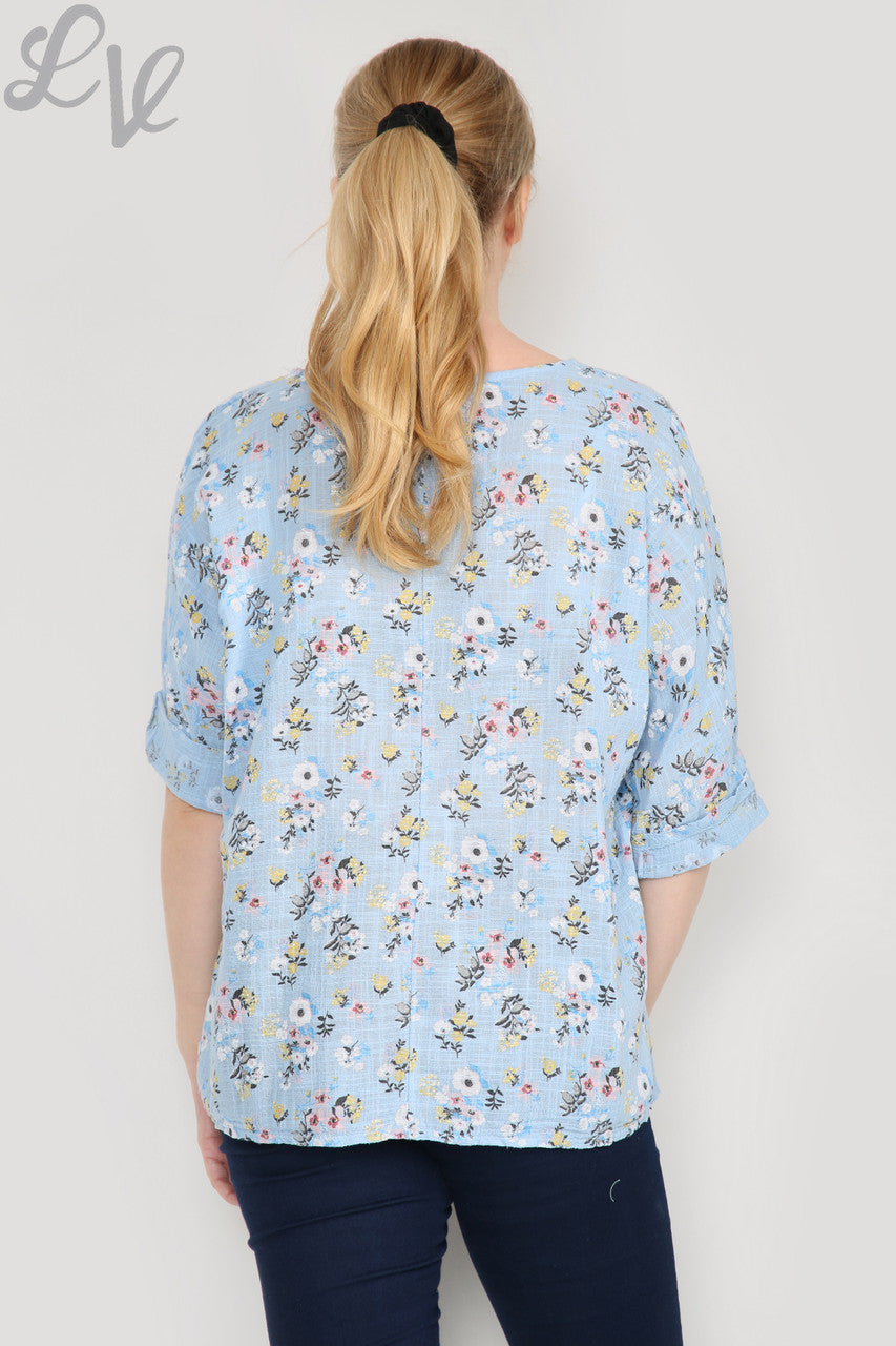 Ladies Ditsy Flower Print Simple Top Light Blue Unit Price £7.99