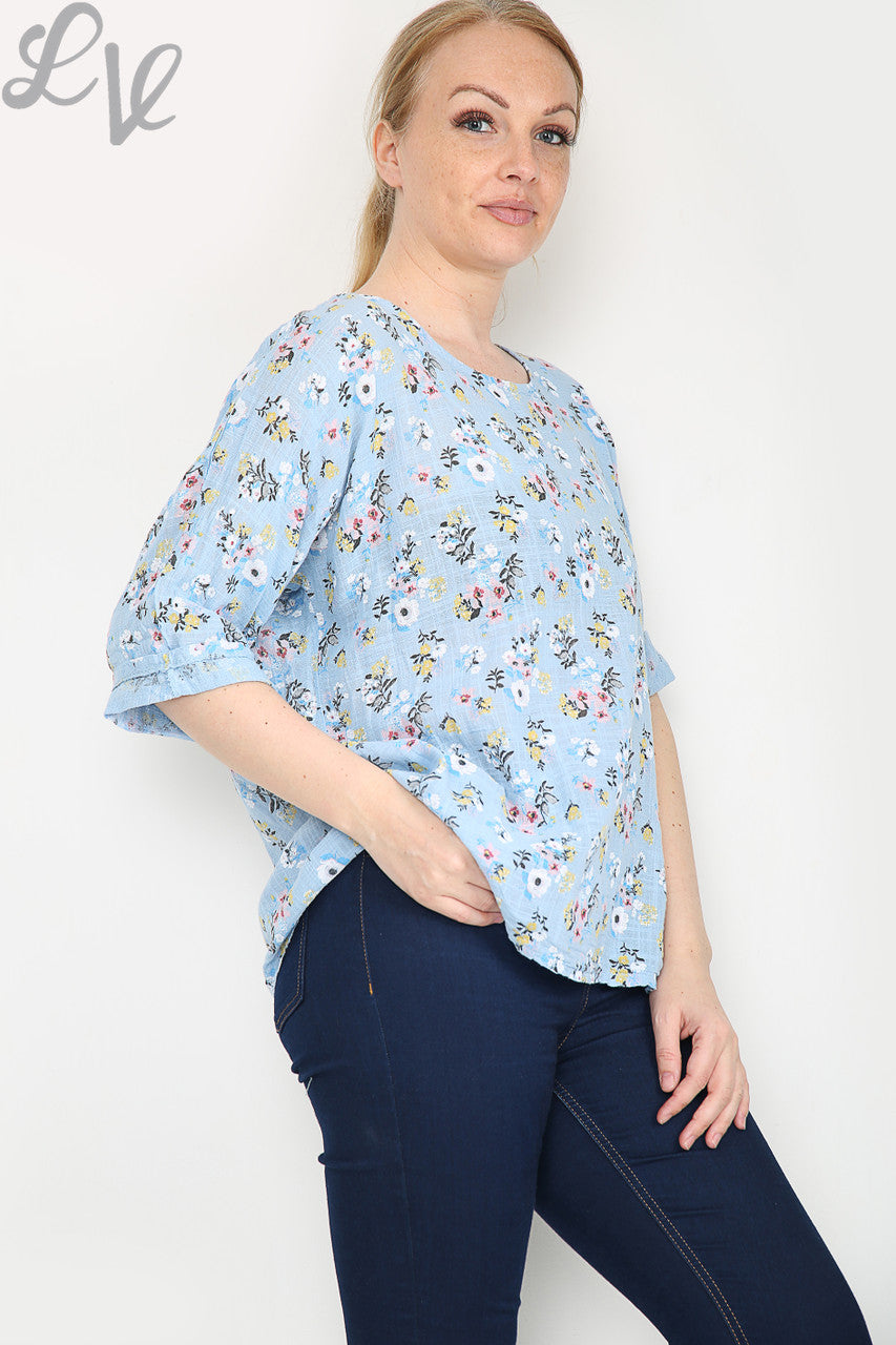 Ladies Ditsy Flower Print Simple Top Light Blue Unit Price £7.99