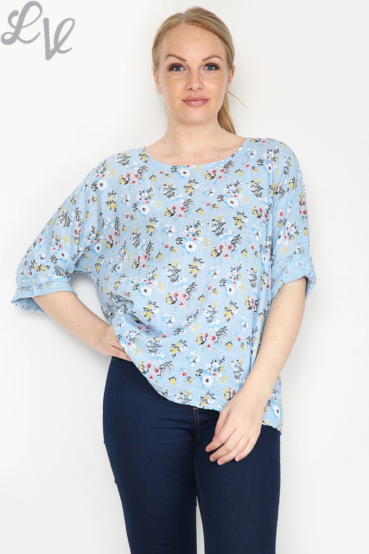 Ladies Ditsy Flower Print Simple Top Light Blue Unit Price £7.99