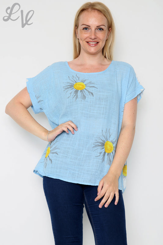Ladies Daisy Short Sleeved Top Light Blue