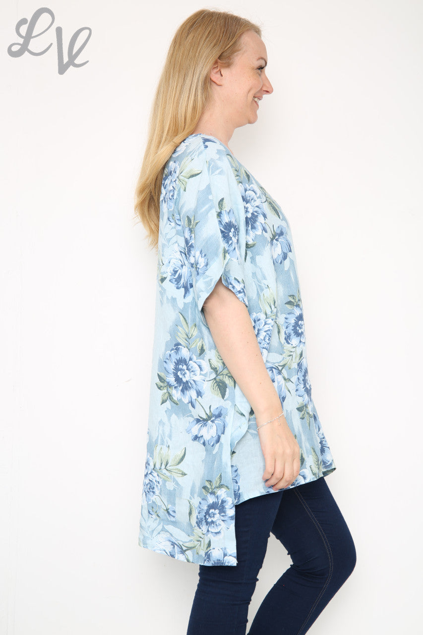 Dames Top Met Bloemenprint En Steel Lichtblauw Eenheidsprijs € 12,99