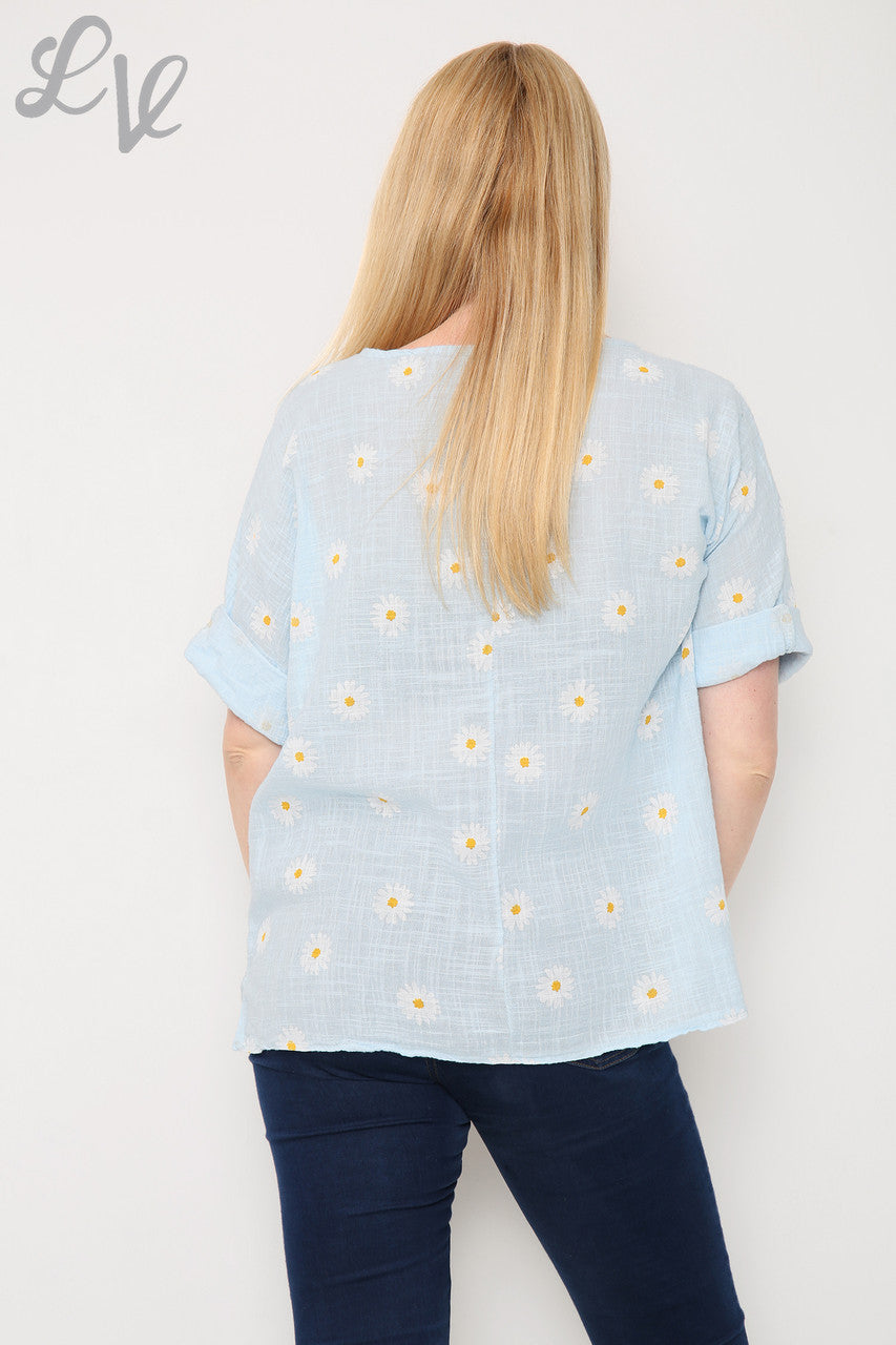 Ladies Ditsy Daisy Print Top With Necklace Light Blue Unit Price £8.99