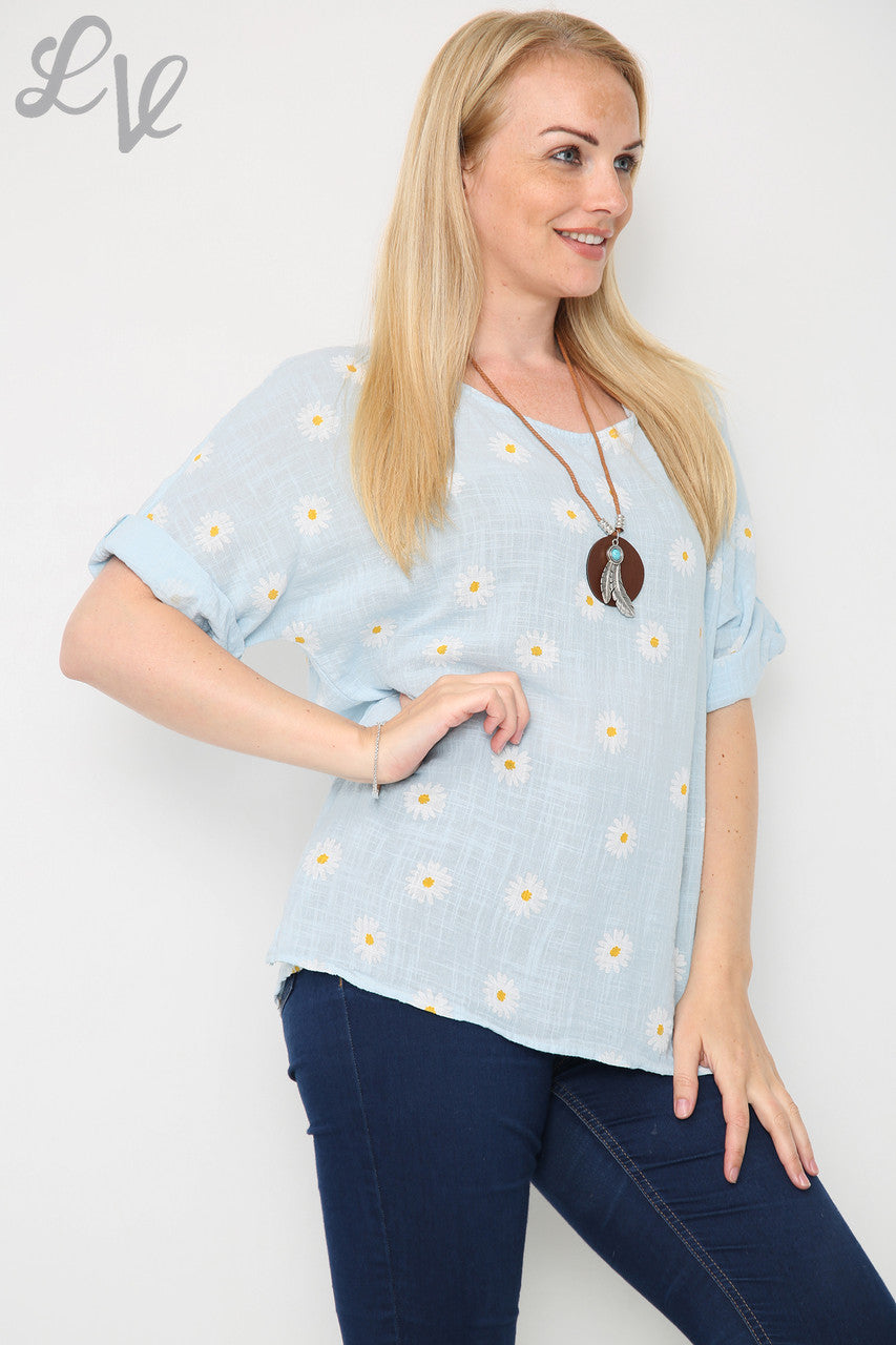 Ladies Ditsy Daisy Print Top With Necklace Light Blue Unit Price £8.99