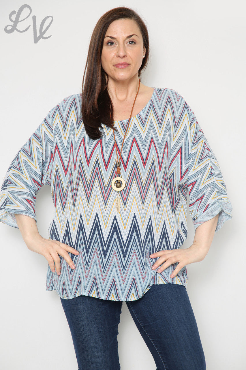 Ladies Zig Zag Print Top With Necklace Light Blue Unit Price £8.99