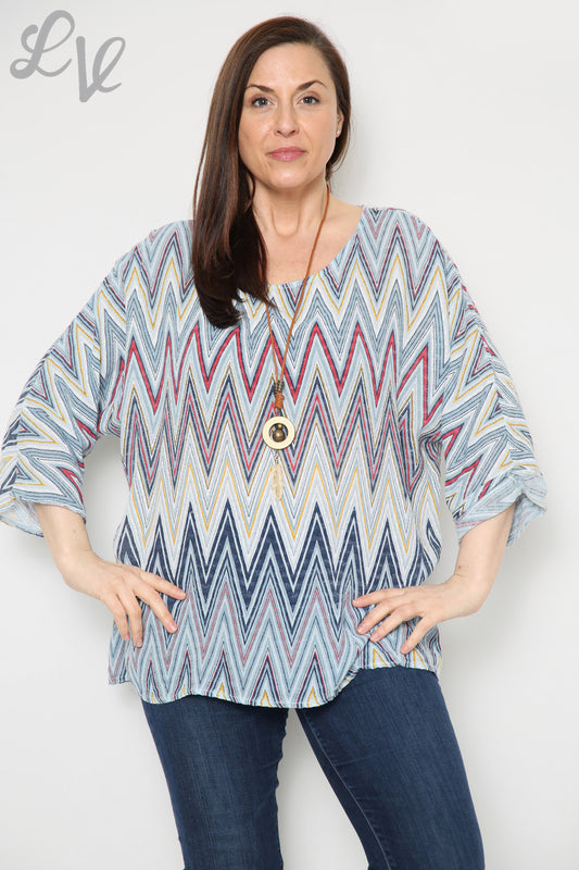 Ladies Zig Zag Print Top With Necklace Light Blue Unit Price £8.99