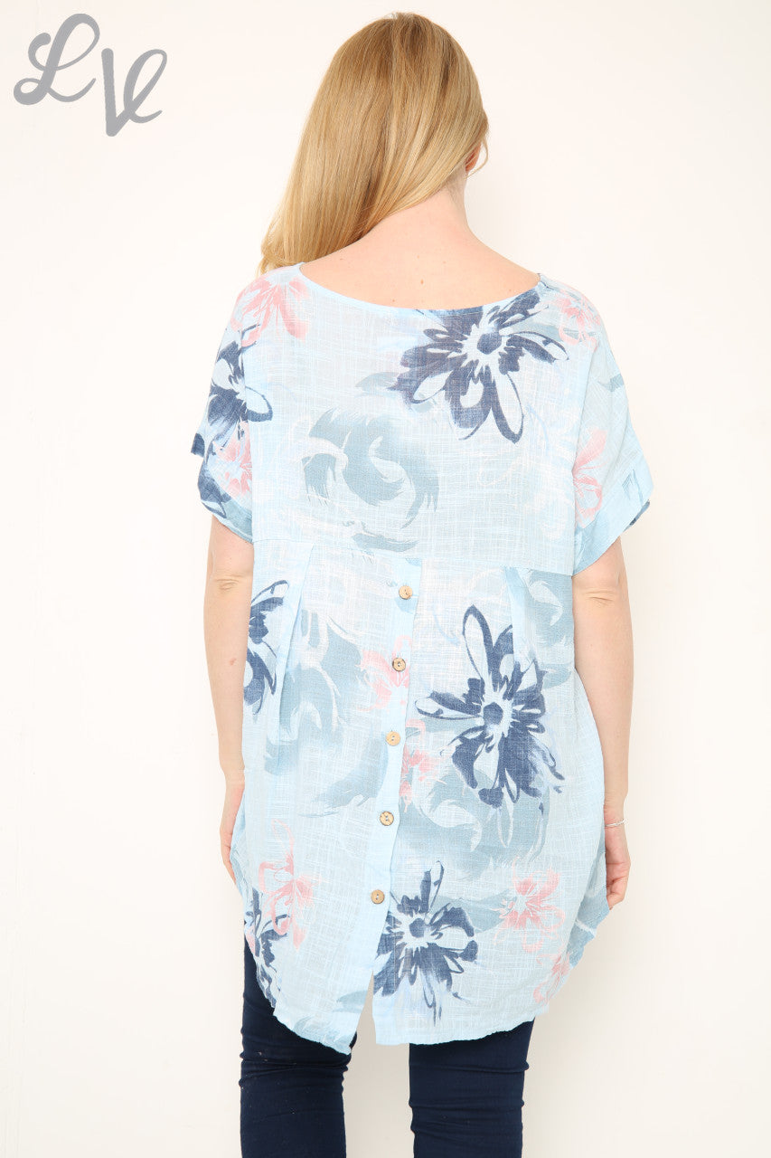 Ladies Flower Abstract Print Top Light Blue
