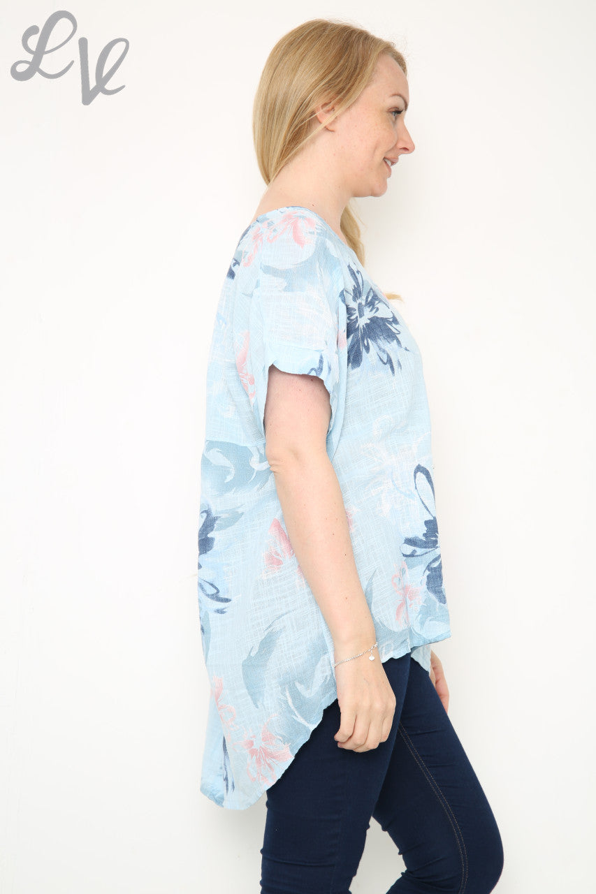 Ladies Flower Abstract Print Top Light Blue