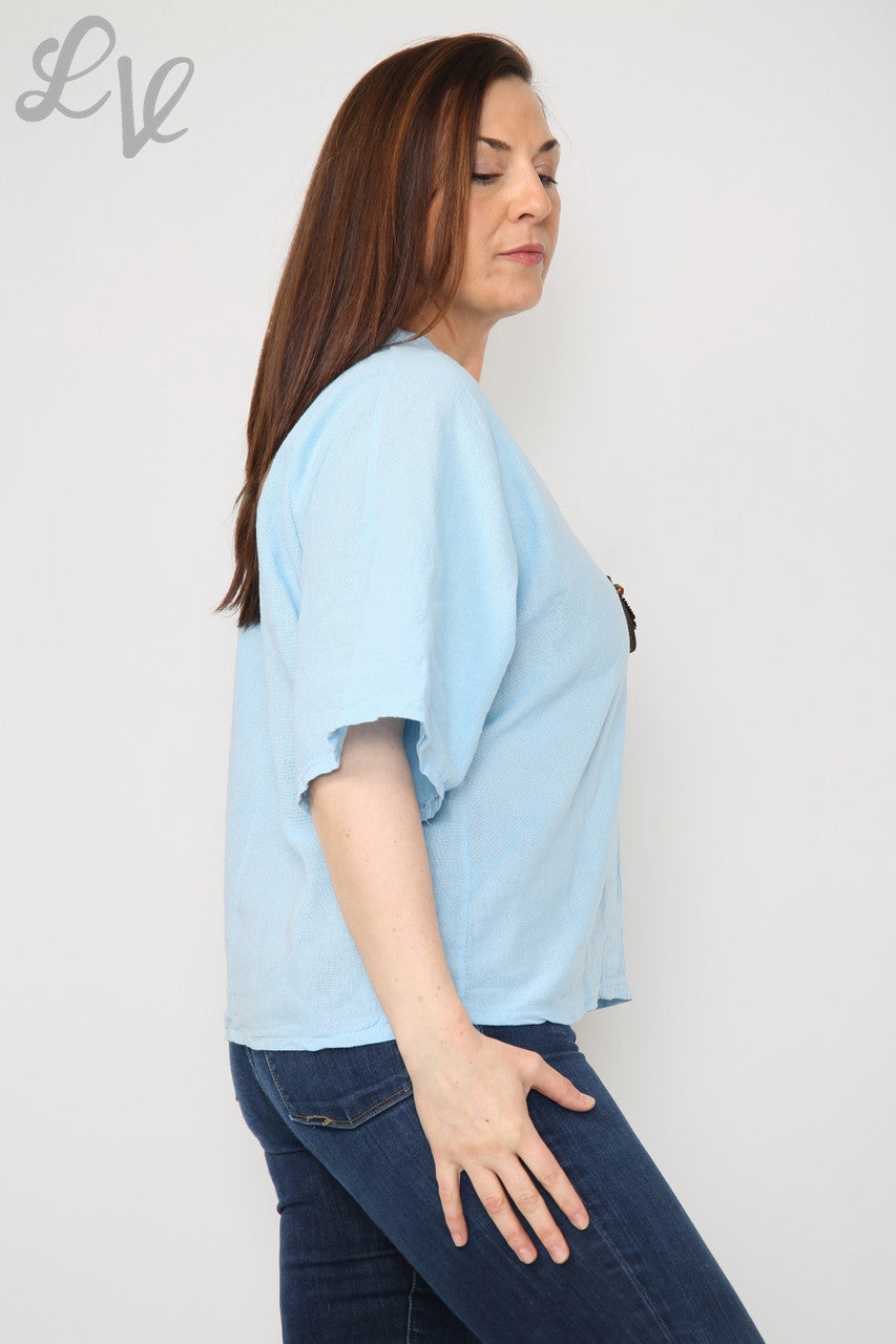 Ladies Linen Plain V-Neck Top With Necklace Light Blue Unit Price £9.99