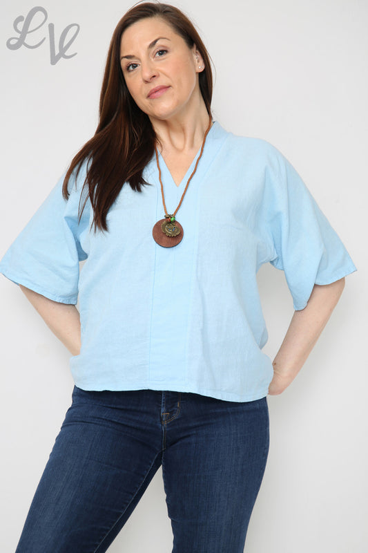 Ladies Linen Plain V-Neck Top With Necklace Light Blue Unit Price £9.99