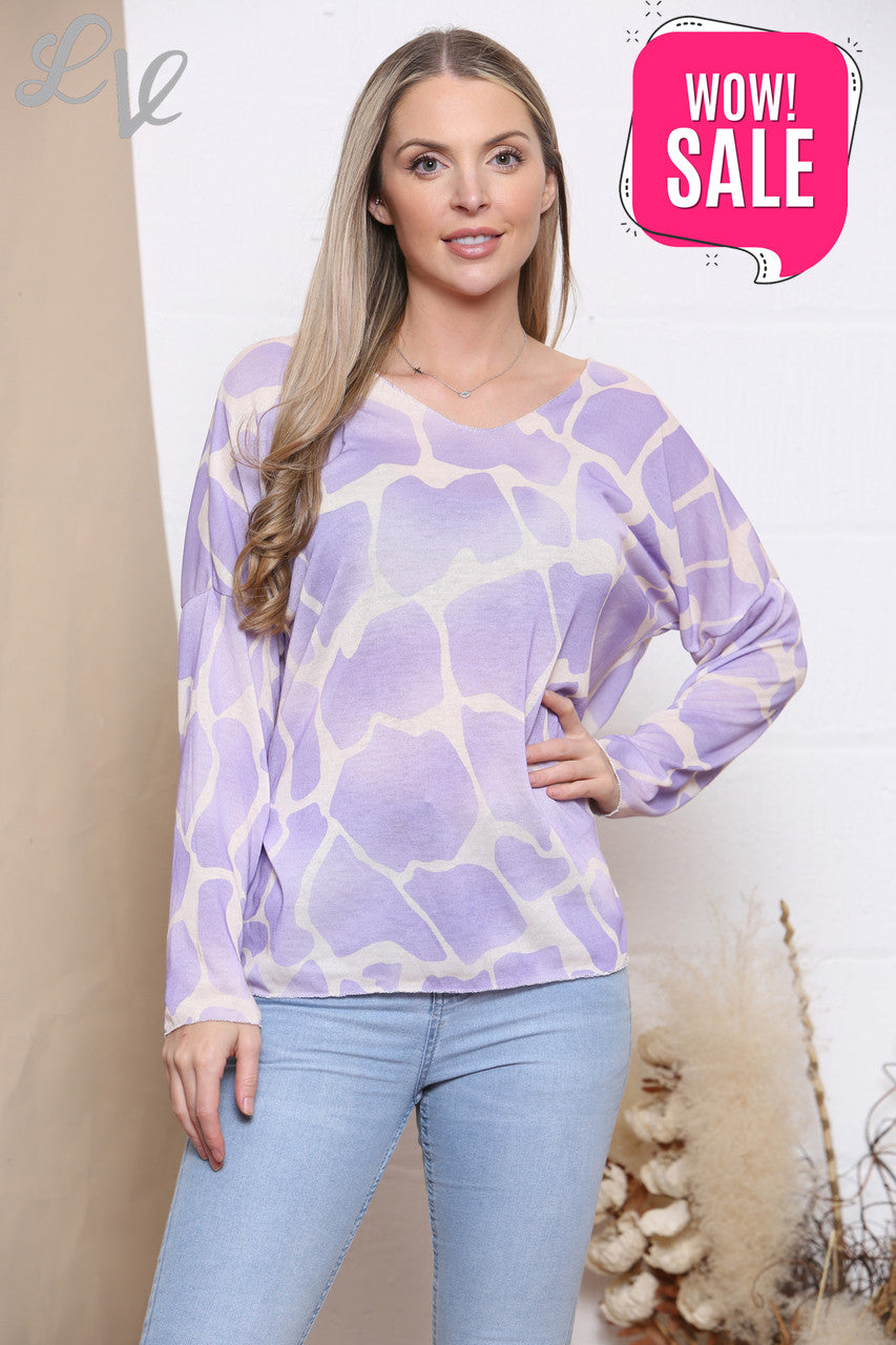 Ladies Giraffe Print Fine Knit Jumper Top Lilac