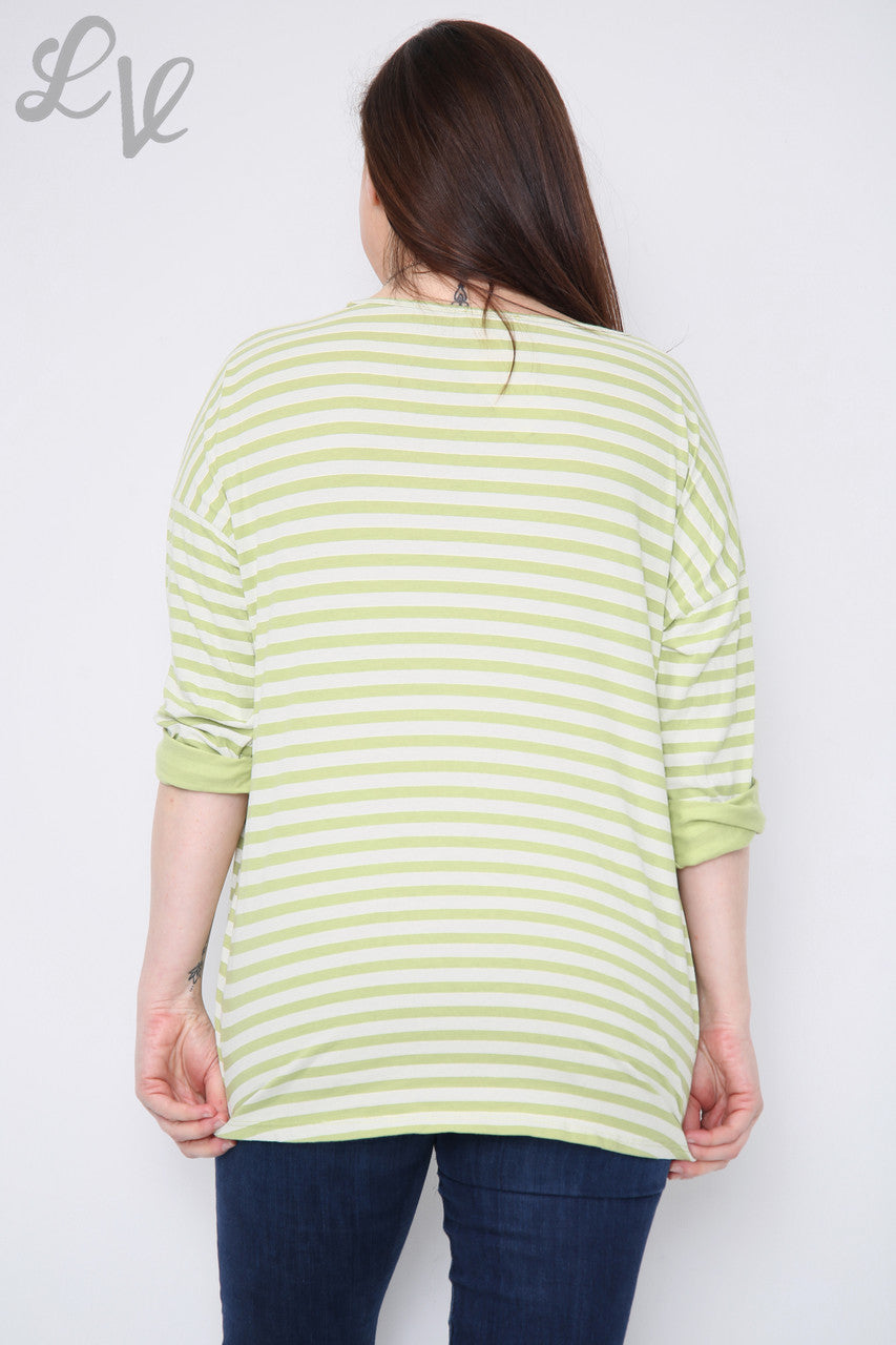 Dames gestreepte top met oprolmouwen limoengroen Prijs per stuk € 8,99
