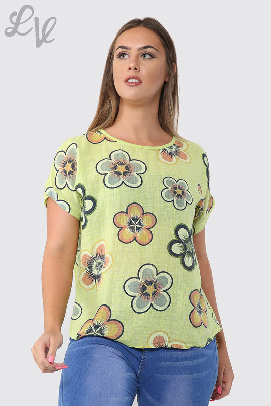 Ladies Sun Flower Print Top Lime Unit Price £8.99