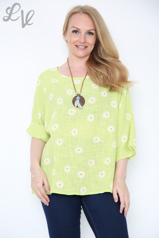 Ladies Ditsy Daisy Print Top With Necklace Lime Unit Price £8.99