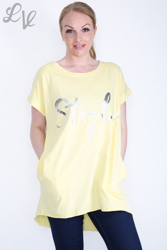 Ladies Foil 'Style' Graphic Top Lemon Unit Price £6.99