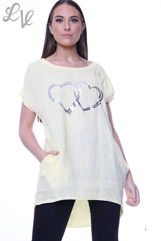 Ladies Linen Front & Cotton Back Foil Hearts Top Lemon Unit Price £9.99