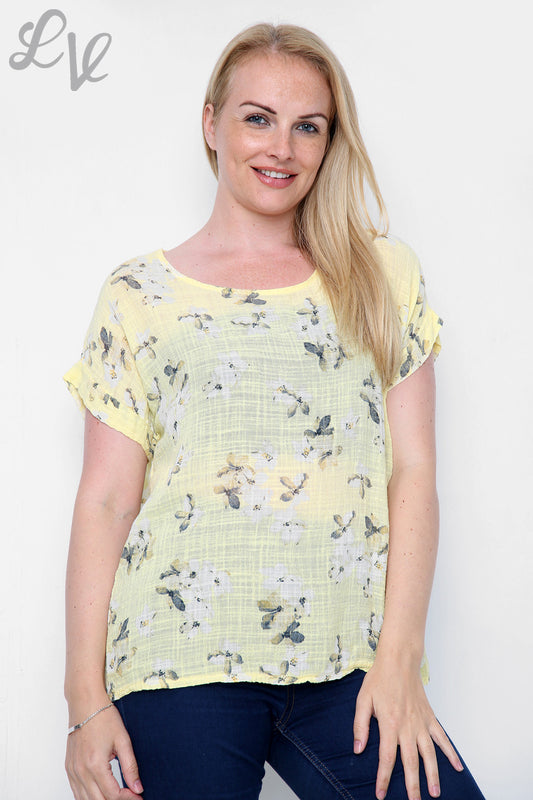 Ladies Floral Blossom Print Top Lemon