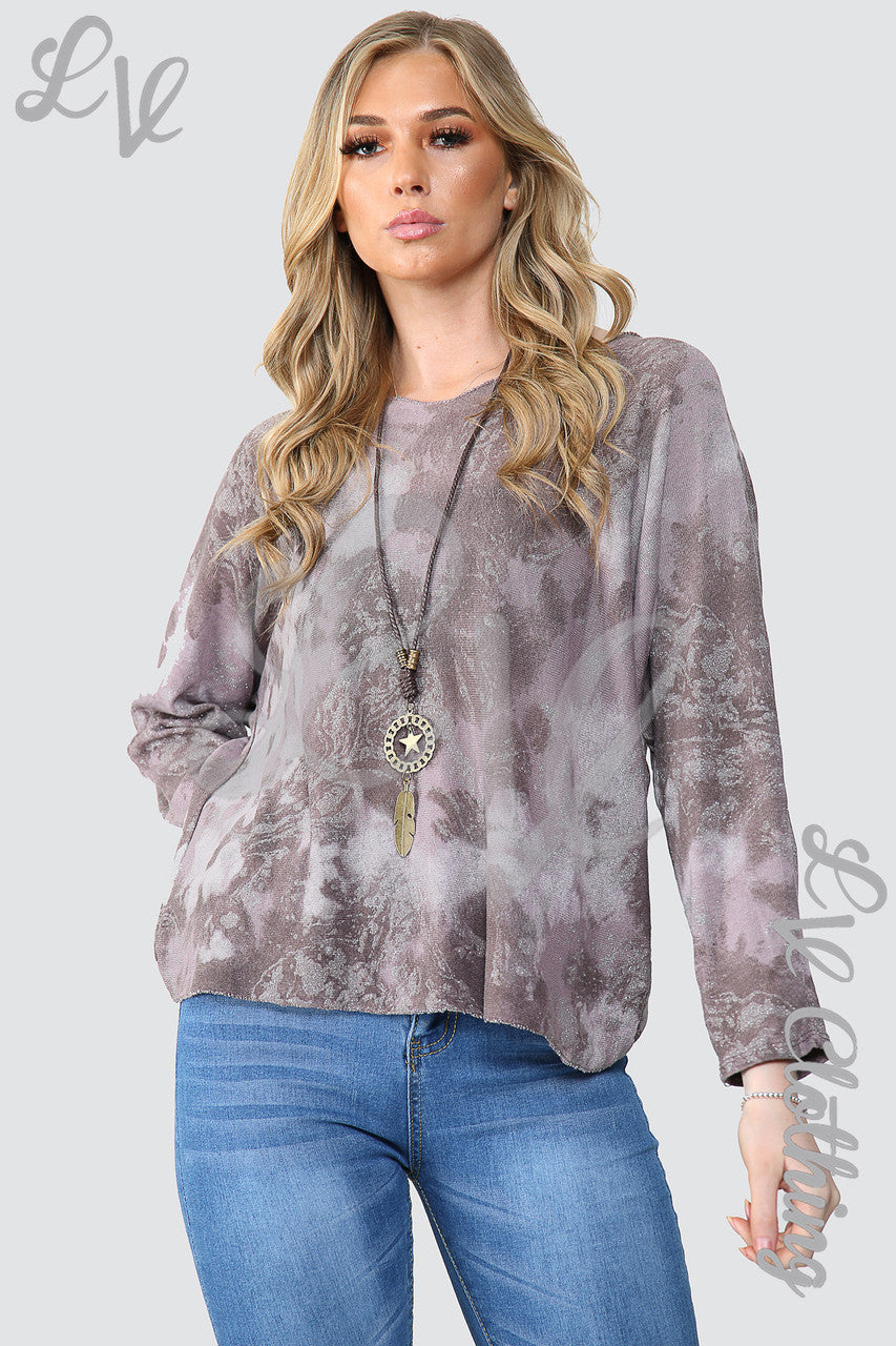 Ladies Acid Wash Sparkle Effect Top With Necklace Mauve - Unit Price £10.99