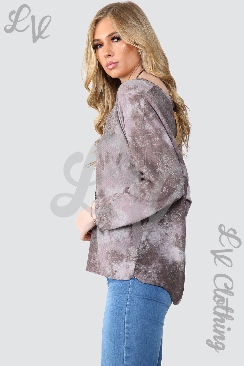 Ladies Acid Wash Sparkle Effect Top With Necklace Mauve - Unit Price £10.99