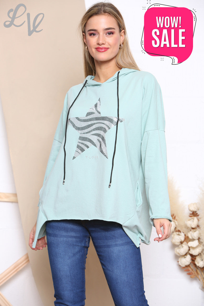Ladies Sequin Animal Star Hooded Sweatshirt Top Mint