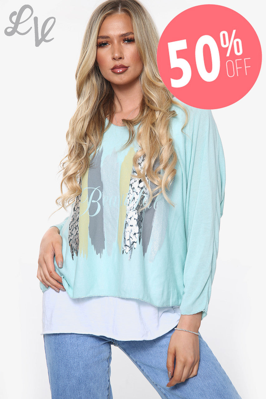 Ladies Beautiful Slogan 2 Layer Top Mint Unit Price WAS £13.99 NOW £6.99