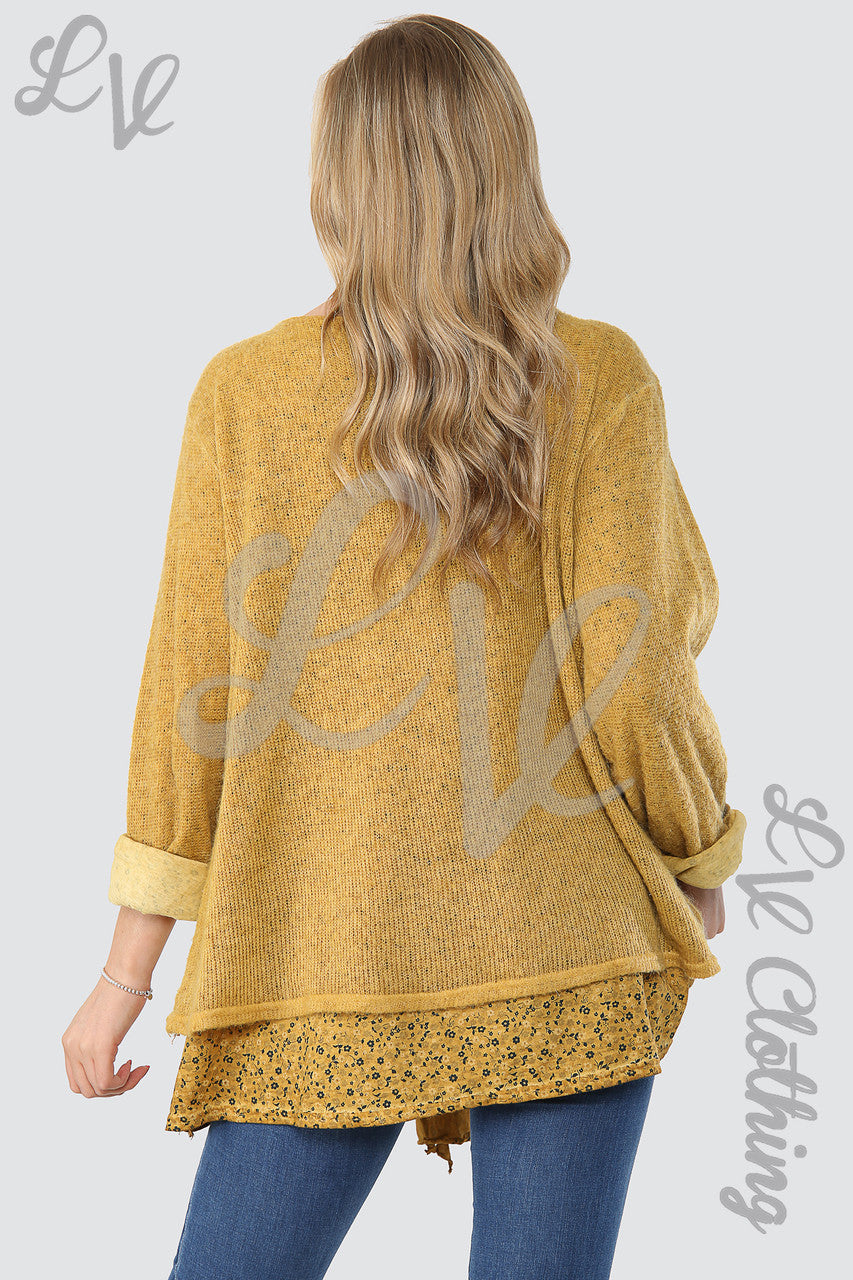 Dames Jumper met Bloemenprint, Onderlaag en Sjaal Mosterd - Stukprijs £16.99