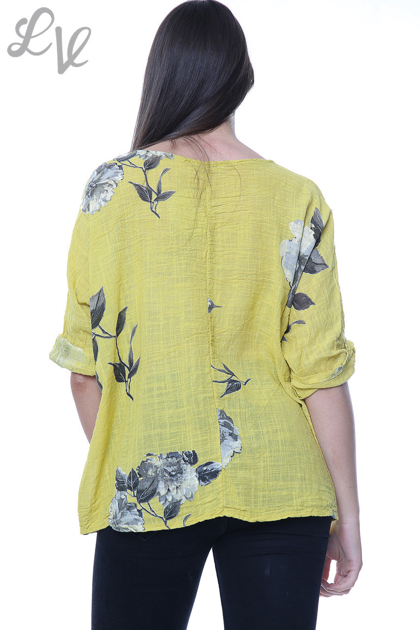 Dames bloemenprint eenvoudig topje mosterd Stukprijs €7,99