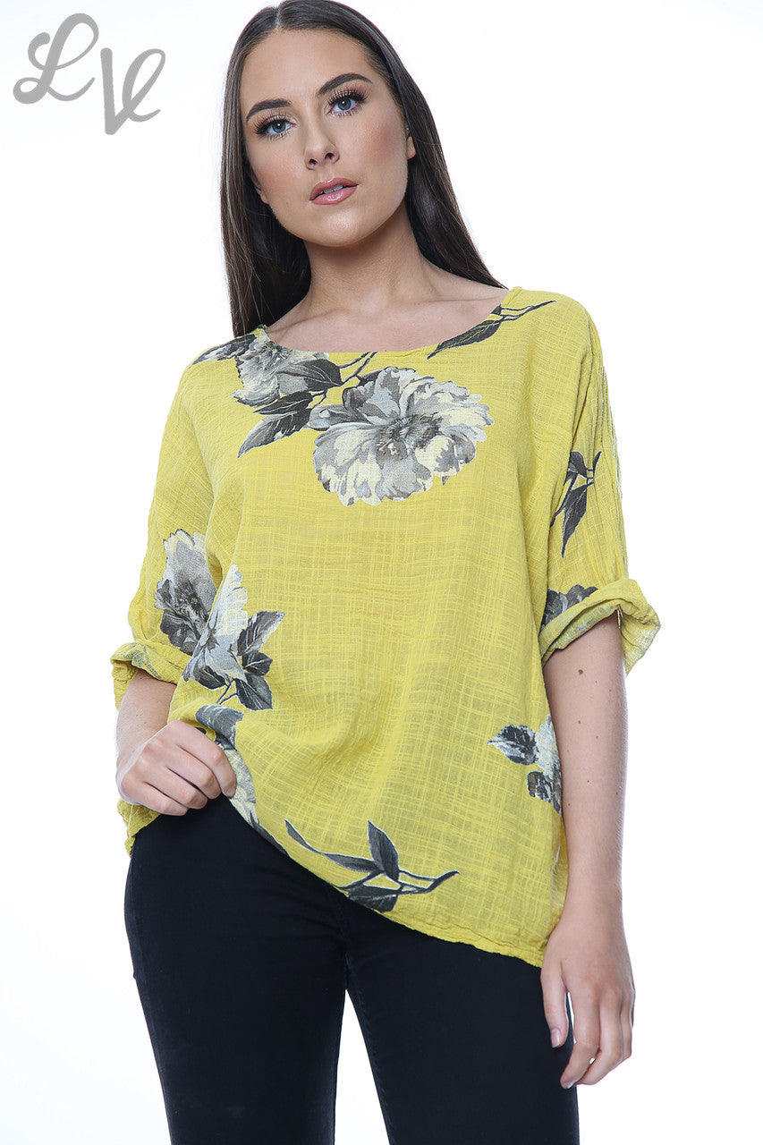 Dames bloemenprint eenvoudig topje mosterd Stukprijs €7,99