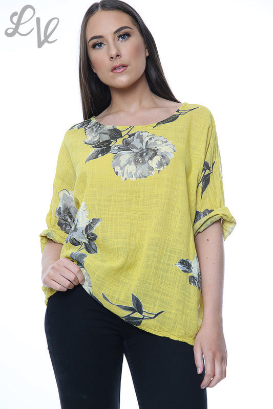 Ladies Flower Sketch Simple Top Mustard Unit Price £7.99