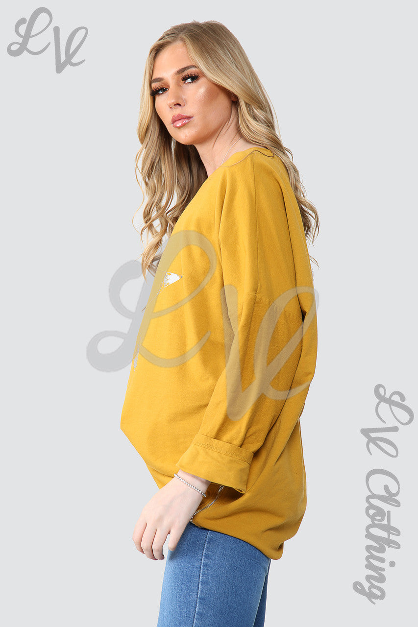 Dames Folie Ster Grafische Sweatshirt Tuniek Top Mosterd - Stukprijs €15,99