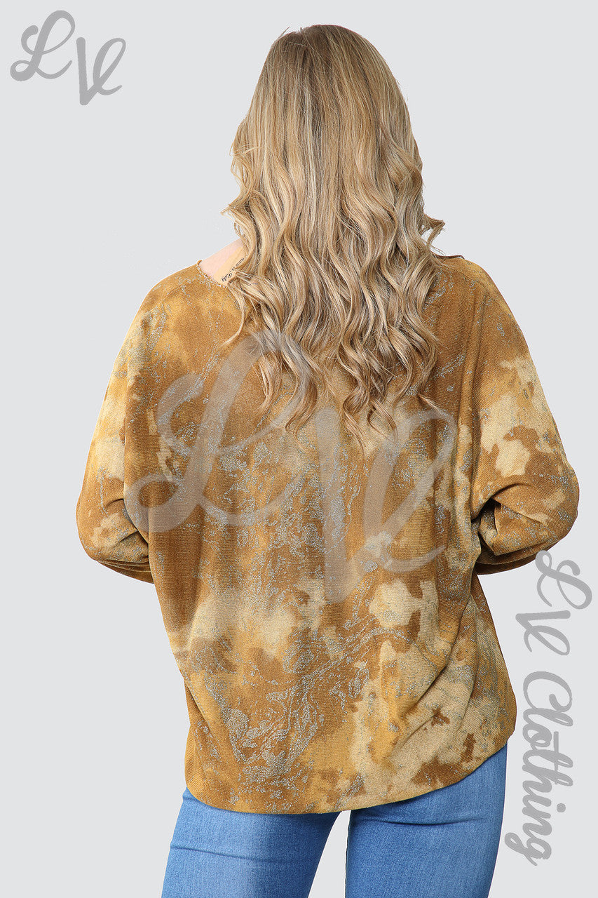Dames Acid Wash Top met Glitters en Ketting Mosterd - Prijs per stuk € 10,99