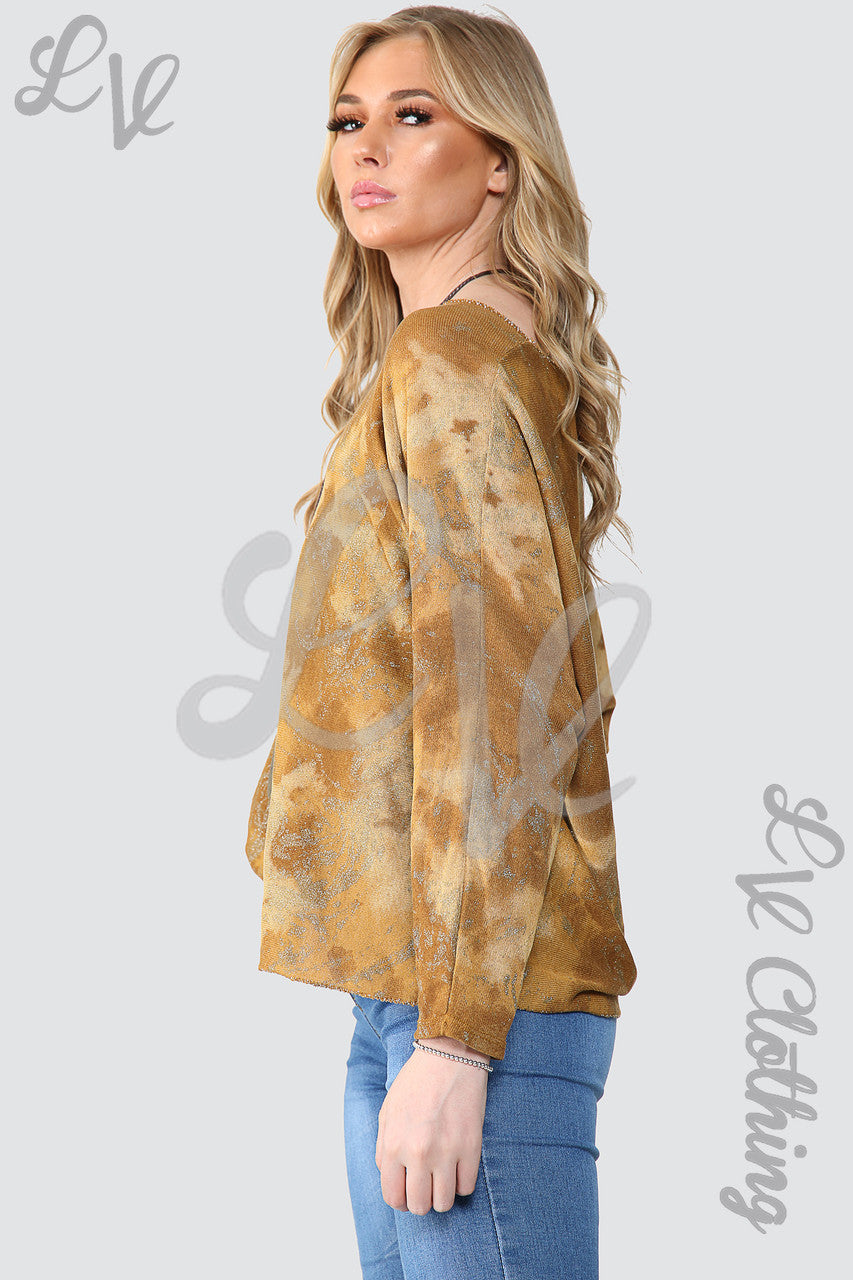 Dames Acid Wash Top met Glitters en Ketting Mosterd - Prijs per stuk € 10,99