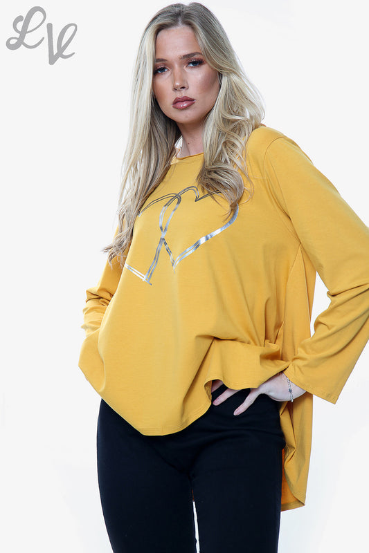 Ladies 2 Hearts Foil Graphic Top Mustard Unit Price £6.99