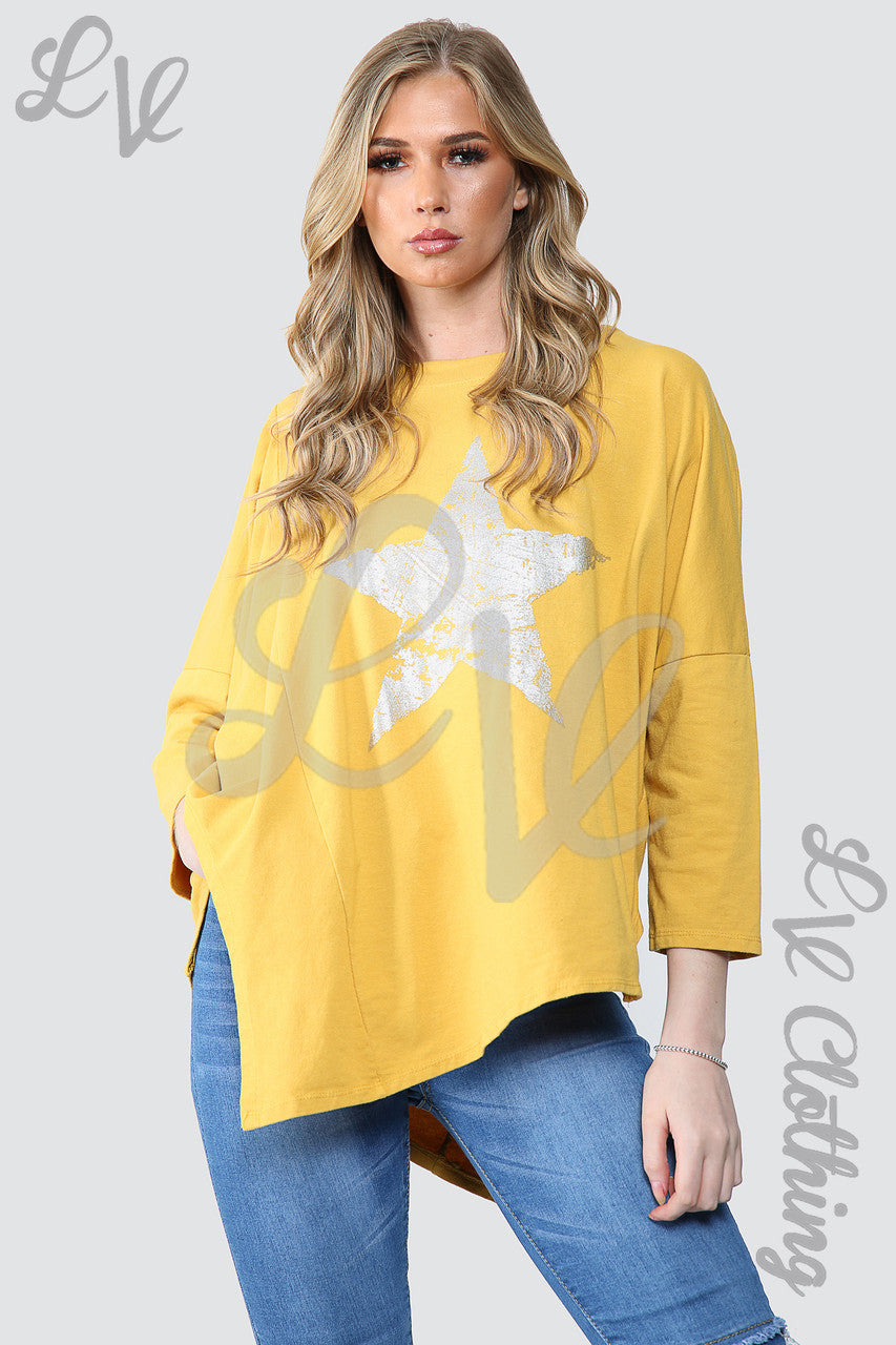 Ladies Silver Foil Star Oversized Tunic Top Mustard - Unit Price £11.99