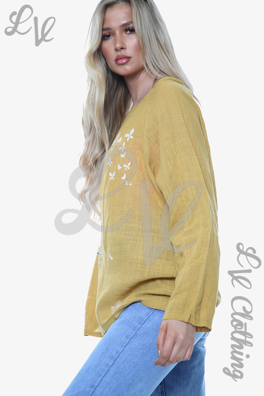 Dames Paardebloem Top Lange Mouw Mosterdstuk Prijs € 10,99