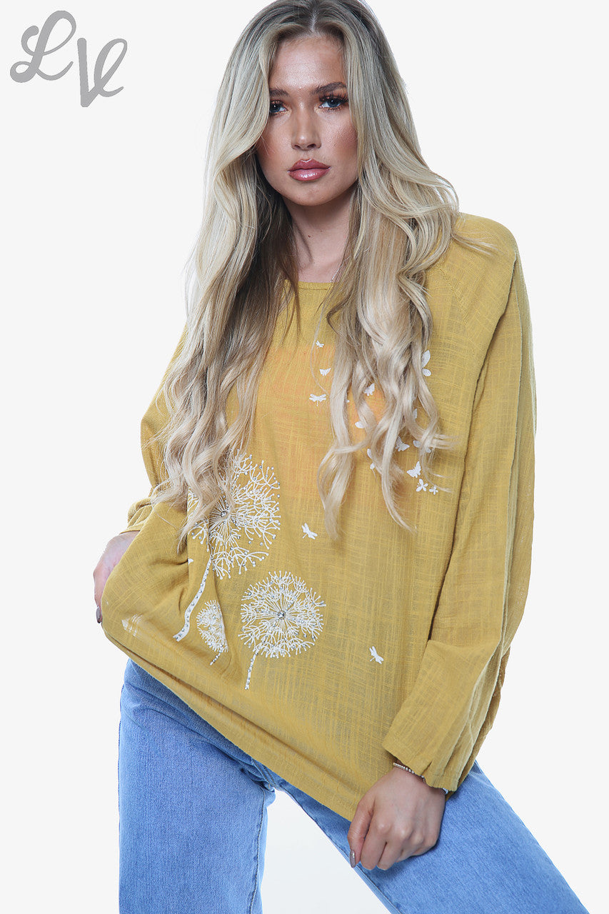 Dames Paardebloem Top Lange Mouw Mosterdstuk Prijs € 10,99