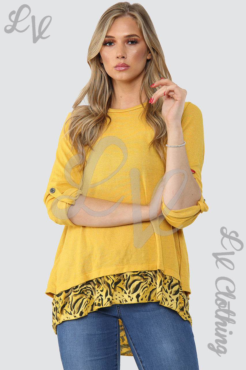 Dames top met luipaardprint (onderlaag) mosterd - Prijs WAS € 12,99 NU € 5,99